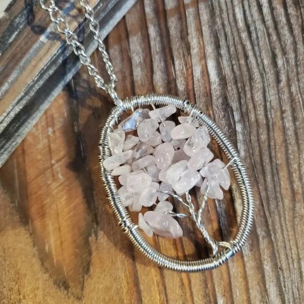 Tree of Life Gemstone Necklace Rose Quartz